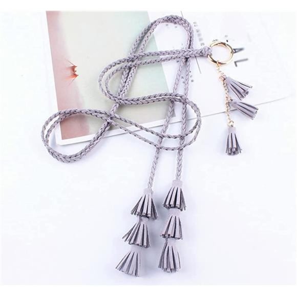 Women Girls PU Leather Waist Belt Chain Skinny Rope with Double Tassel main image 4